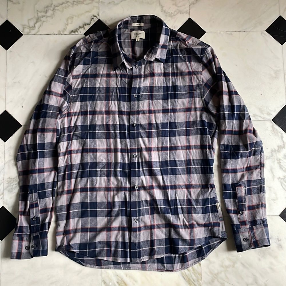 Julian & Mark Navy, Gray & Orange Plaid Flannel Button Down
